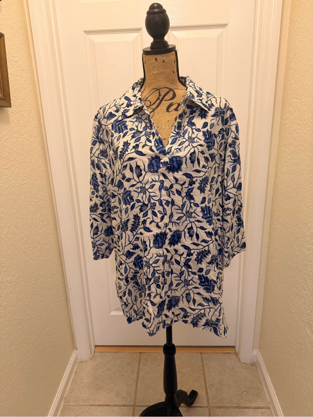Rachel Zoe 100% Linen Floral Tunic Top Womenβs 2X Blue Ivory Coastal Boho